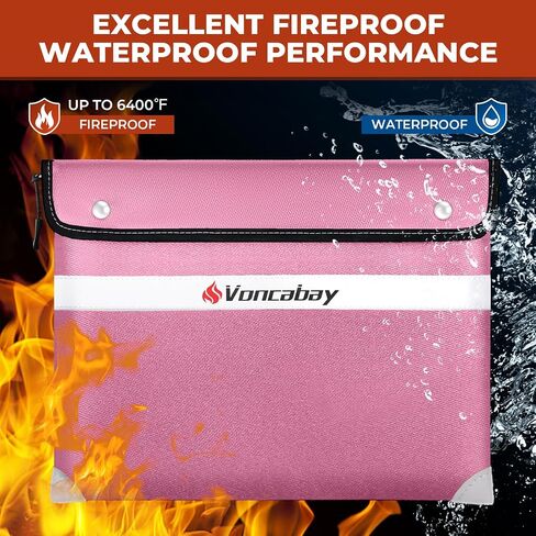 Voncabay Upgraded 6400°F Fireproof Waterproof Document Bag, Fireproof Money Bag for Cash with Zipper and Reflective Strips, 14.2" X 11" Fireproof Document Holder Pouch for Cash & Document Safe （Pink） in Saudi Arabia