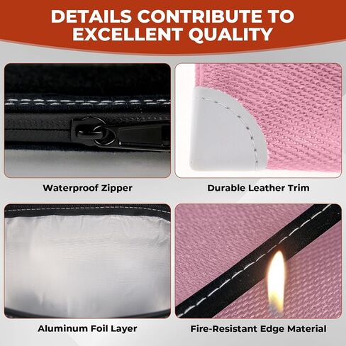 Voncabay Upgraded 6400°F Fireproof Waterproof Document Bag, Fireproof Money Bag for Cash with Zipper and Reflective Strips, 14.2" X 11" Fireproof Document Holder Pouch for Cash & Document Safe （Pink） in Saudi Arabia