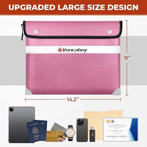 Voncabay Upgraded 6400°F Fireproof Waterproof Document Bag, Fireproof Money Bag for Cash with Zipper and Reflective Strips, 14.2" X 11" Fireproof Document Holder Pouch for Cash & Document Safe （Pink） in Saudi Arabia