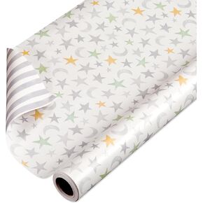 American Greetings 175 sq. ft. Reversible Wrapping Paper for Baby Showers, Kid's Birthdays and All Occasions, Moon and Stars (1 Roll, 30 in x 70 ft.)