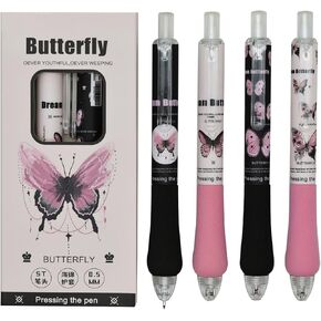 Maydahui 12 PCS Butterfly Rollerball Gel Pen Retractable Printing Pens Novelty Pen Soft Sponge Grip ST Nib Black Ink for Girls Women School Party Office