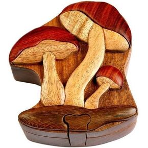 Mushroom - All Natural Wood Intarsia Puzzle Box - Handcrafted with Secret Compartment