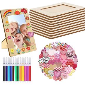 MineIdea 10 Pack Unfinished Wooden Frames for 4 x 6 Photos, DIY Standing Wooden Picture Frames Painting Craft Kit with 12 Painting Color Pens 50 Heart Stickers for DIY Crafts