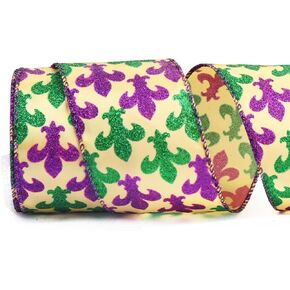 Mardi Gras Wired Ribbon, Purple Green Glitter, Polyester, 2.5"X10 Yard, Mardi Gras, Carnival, Festive Bohemian