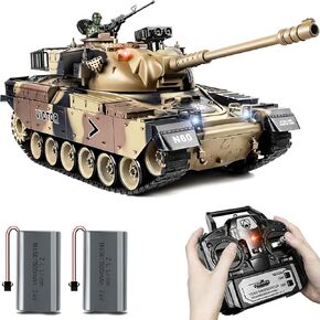 1:18 RC Tank, 2.4Ghz US M60 Remote Control Tank Model Toys, 15 Channel Battle Military Tank with Smoke, Light Sound, Volume Switch, Army Toy for Adult and Kid That Shoots BBS and Water Bombs