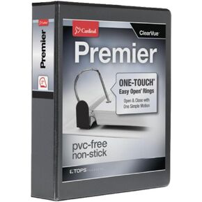 Cardinal 3 Ring Binder, Binders for School and Office, Durable 2 Inch Premier Easy Open Binder, ONE-Touch Locking Slant-D Rings, 565-Sheet Capacity, ClearVue Cover, PVC-Free, Black (10321CB)