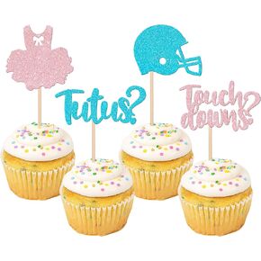 24 PCS Tutus or Touchdowns Cupcake Toppers Rugby Helmet Tutu Football Gender Reveal Cupcake Picks Pink Blue Boy or Girl Rugby Birthday Cake Decorations for Gender Reveal Baby Shower Party Supplies