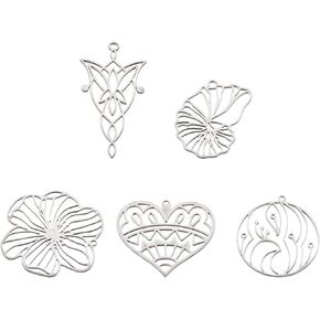 Silver Filigree Flower Charms Stainless Steel Hollow Flower Pendants Etched Metal Embellishments Round Heart Metal Charms for DIY Necklace Earring Jewelry Making