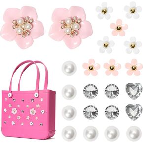 23pcs سحر الزهرة accesories لحقيبة الشاطئ المطاطية ، أحجار الراين ، إكسسوارات اللؤلؤ المتوافقة مع حقائب اليد الشاطئية ، سحر إدراجها من أجل حقائب المطاط