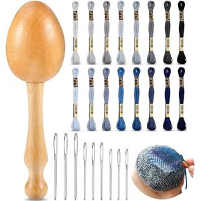 Jexine Darning Egg for Socks Wooden Darning Supplies Kit with Large Eye Needles Sewing Threads for Socks Clothes Adults Darner DIY Handicraft Home Sewing Care(Regular Color)