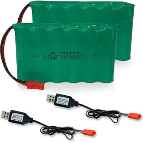 2 Pack 7.2V 1000mAh 6 Cell AA Nicd Rechargeable Battery with Red JST Plug and 2PCS USB Charger Cable for New Version TR-211 TR-215 550 15 Channel RC Excavator 550 Battery
