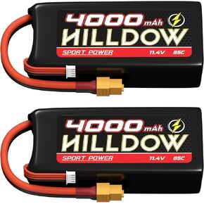 Hilldow 3S Shorty Lipo Battery 11.4V 4000mAh RC Battery 85C with XT60 Connector for Rock Crawler Helicopter Airplane Drone Boat Racing Models(2 Packs)