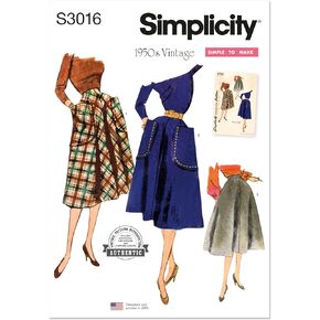 Simplicity SS3016K5 Misses' Vintage 1950's Flared Skirts Sewing Pattern Packet, Design Code S3016, Sizes 8-10-12-14-16, Multicolor