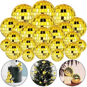 27 PCS Gold Disco Ball Cake Decoration Ornaments Reflective Mirror Ball Cake Decoration 70s Disco Themed Party Decoration Gold Disco Table Decoration for Christmas Tree Dance Music