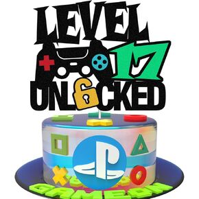 المستوى 15 غير مؤمن كعكة العلامة Topper Happy 15th Level Up Tenth Cake Decorations لوحدة التحكم في ألعاب الفيديو تحت عنوان Kids Boy Girl Bday Party Supplies Double Side (15)