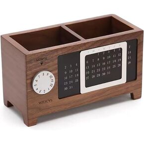 Walnut Pen & Pencil Holder Office Desk Supplies Organizer Gift, Wooden Pens Holder Box Cup with Perpetual Calendar for Remote Control Stationery Storage