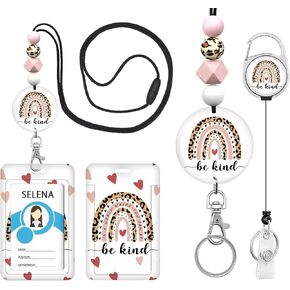 Cute Teacher Lanyard for ID Badge Card, Be Kind ID Badge Holder with Lanyard Retractable Reel, Rainbow Silicone Beaded Breakaway Neck Lanyards Name Tag Badges Holder Work Keys Accessories