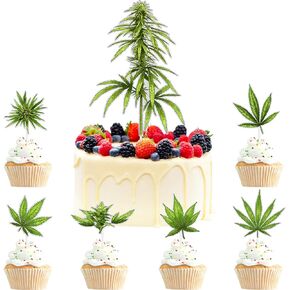 7-piece set of natural plant green leaf cake topper, natural plant weed theme party, birthday party decoration supplies - LIANGSS