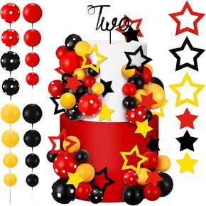 57 Pcs Black Red Yellow Ball Star Cake Topper Set Cartoon Cake Decorations with Flag DIY Insert Topper for One Two Years Happy Birthday Decorations Baby Shower Party Supplies(Happy Birthday) in Kuwait