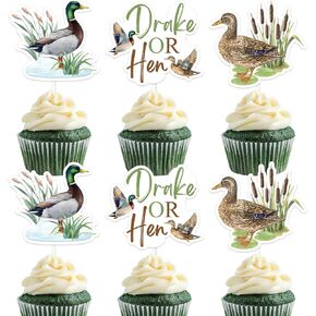 Mallard Duck Gender Reveal Decorations 24PCS Drake Or Hen Gender Reveal Cake Cupcake Toppers Duck Hunting Baby Shower Table Decorations for Drake or Hen Gender Reveal Supplies