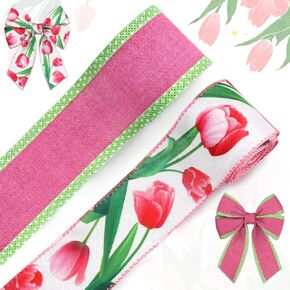 ABTOLS 2 Roll 10 Yards Floral Ribbons, 2.5" Red Tulip Wired Edge Burlap Ribbon Rose Red Dot Ribbon Green Gift Wrapping Ribbon for Spring Party Decor Gift DIY Crafts Wreaths Bow