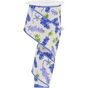 Craig Bachman 2.5" Bluebonnets Pattern Ribbon: Ivory (10 Yards) - Floral Gift Wrapping Crafting Wired Ribbon