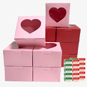 12 Pack 4x4x2.6 Inches Red Pink Heart Shaped Boxes with Window, Goodie Cupcake Strawberry Box for Valentine's Day Wedding Engagement Anniversary Bridal Shower Decorations