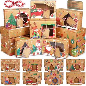 Zhanmai Large Christmas 64 Pc Cookie Boxes with Window 8.6 x 6 x 2.7 Inch Holiday Bakery Treat Xmas Pastry Boxes with Ribbon DIY Gift Tag for Party Favor Gift Giving(Classic)
