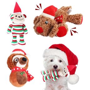 PAWISE Christmas Squeaky Dog Toys, Stuffing Holiday Puppy Toys Swirl Dog, Christmas Monkey, Dog New Year Gift Box, 3Pack for Small to Large Size Dogs