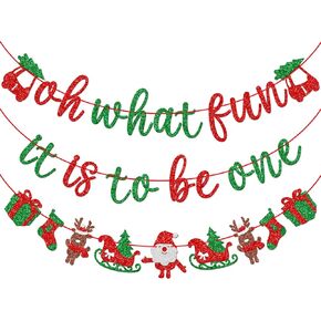 Qttier Oh What Fun It Is to Be One Banner, Pre-strung Christmas 1st Birthday Party Decorations, Red and Green Glitter
