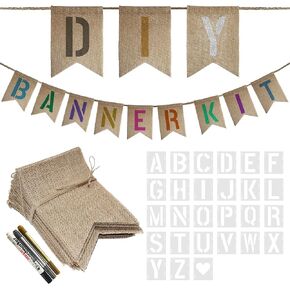 15 PCS Burlap Banner DIY Kit With 27 PCS Letter Stencil Banner Burlap Painting For Party Decorations Swallowtail Flags For Birthday in Kuwait