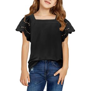 Girls Casual Shirts Square Neck Ruffle Sleeve Tops Solid Loose Blouses 5-14 Years