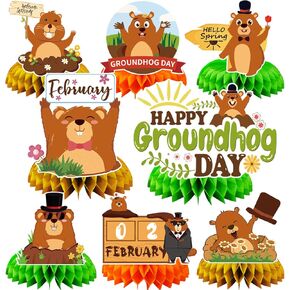 JULMELON 8PCS Groundhog Day Party Decorations Honeycomb Centerpieces, Happy Groundhog Day Party Centerpieces for Tables Groundhog Day Party Decor Supplies for Weather Forecast Spring February