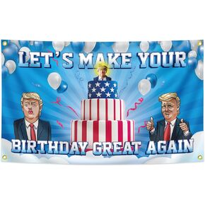 Trump Happy Birthday Banner 3x5 Feet (90X150CM) Brass Rope Ring Birthday Party Decoration