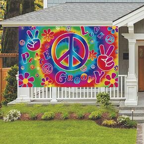 Rainbow Retro Hippie Boho Backdrop Banner, 71x44 inch, 60's Carnival Groovy Party Decoration, Polyester, Multi-Occasions