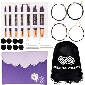 Knitpro J'Adore Cubic Deluxe مجموعة 5 بوصة إبر حبكة دائرية الحجم 6 ، 7 ، 8 ، 9 ، 10 ، 10.75 ، 11 قابلة للتبديل ، 3 كابلات ، موصلان وأكثر ، علبة النسيج مع حقيبة المشروع