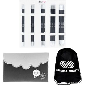 KnitPro Karbonz Starter Set 8 inch DPN Double Pointed Needles Size 1.5, 2.5, 4, 6, 7, 8 with Fabric Case with Project Bag