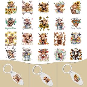 UV DTF Wrap Stickers - 8 Sheets Highland Cow UV DTF Stickers for Motel Keychain Sunflower Butterfly UVDTF Wraps Cow Print UV DTF Decals UV DTF Transfer Stickers for Acrylic Hotel Keychain
