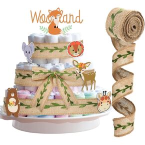 Hotop Diaper Cake Burlap Ribbon Green Leaf Woodland Theme Cake Ribbon for Jungle Baby Shower Party Wrapping Decorations(3.3yard)