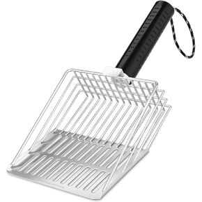 Cat Litter Scoop,Premium Metal Litter Scooper with Hook and Lanyard,Cat Scooper for Litter Box,Ergonomic Rubber Handle,Fast Sifting & Fine Sifting,Heavy Duty and Easy Clean