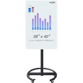 Magnetic Glass Dry Erase White Board, 28" x 40" Whiteboard on Wheels, Large Dry Erase Board with Stand, 1 Dry Erase 3 Marker and 4 Glass Board Magnets