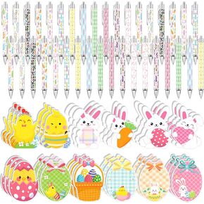 72 Pcs Easter Pens Easter Sticky Notes Bulk Include 36 Retractable Gel Ink Ballpoint Pen and 36 Easter Egg Bunny Sticky Notes for Spring School Office Student Classroom Goodies Rewards Party Favor