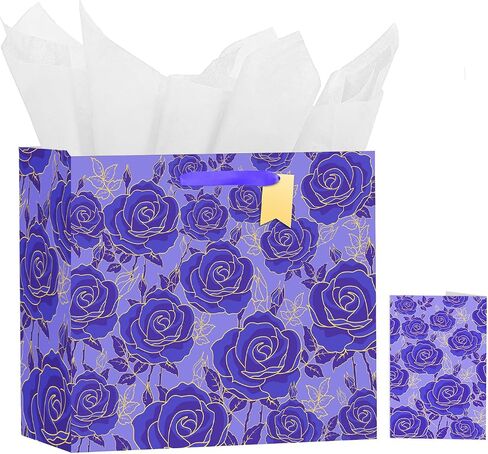 Usmilegift 13" Gift Bag with Card and Tissue Paper for women Celebrating Birthdays, Valentine's Day, Weddings, Anniversaries, Mother's Day, Easter, Baby Showers(Purple,1PCS Flower Gift Bag) in Saudi Arabia