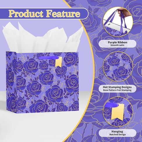 Usmilegift 13" Gift Bag with Card and Tissue Paper for women Celebrating Birthdays, Valentine's Day, Weddings, Anniversaries, Mother's Day, Easter, Baby Showers(Purple,1PCS Flower Gift Bag) in Saudi Arabia