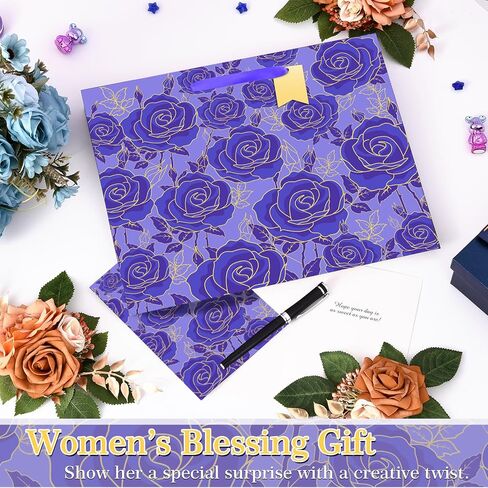 Usmilegift 13" Gift Bag with Card and Tissue Paper for women Celebrating Birthdays, Valentine's Day, Weddings, Anniversaries, Mother's Day, Easter, Baby Showers(Purple,1PCS Flower Gift Bag) in Saudi Arabia