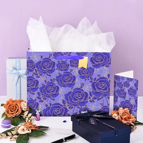 Usmilegift 13" Gift Bag with Card and Tissue Paper for women Celebrating Birthdays, Valentine's Day, Weddings, Anniversaries, Mother's Day, Easter, Baby Showers(Purple,1PCS Flower Gift Bag) in Saudi Arabia