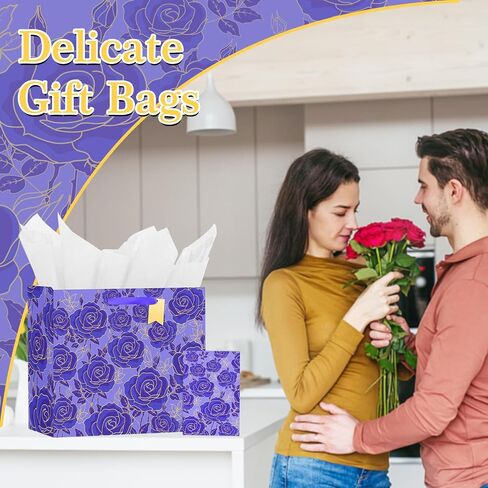 Usmilegift 13" Gift Bag with Card and Tissue Paper for women Celebrating Birthdays, Valentine's Day, Weddings, Anniversaries, Mother's Day, Easter, Baby Showers(Purple,1PCS Flower Gift Bag) in Saudi Arabia