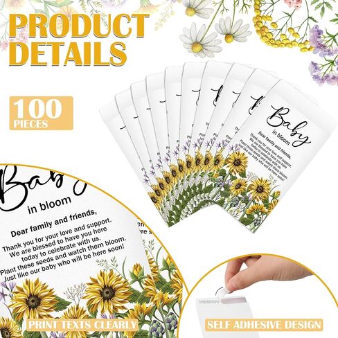 Fumete 100 Pcs Baby Shower Seed Packet Self Adhesive Envelopes Small Paper for Mini Kraft Packets Favors Baby in Bloom Organizer for Party, No Seeds(Sunflower) in Kuwait