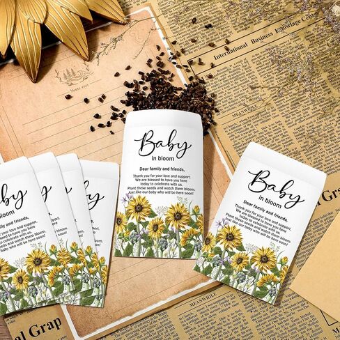 Fumete 100 Pcs Baby Shower Seed Packet Self Adhesive Envelopes Small Paper for Mini Kraft Packets Favors Baby in Bloom Organizer for Party, No Seeds(Sunflower) in Kuwait