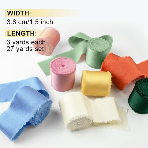 Chiffon Ribbon Silk Satin Ribbon 1 1/2 Inch x 3 Yd Handmade Fringe Chiffon Frayed Edges Ribbons Set 9 Rolls Fabric Ribbon for Wedding Invitations, Flower Bouquet, Gift Wrapping, Bows, Crafts in Kuwait